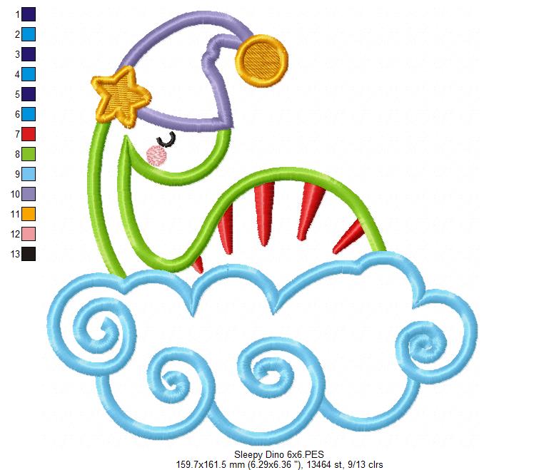 Matriz de Bordado Dinossauro Dorminhoco nas Nuvens – Aplique
