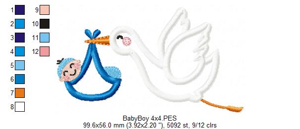 Matriz de Bordado Cegonha Carregando Pacotinho de Amor – Aplique