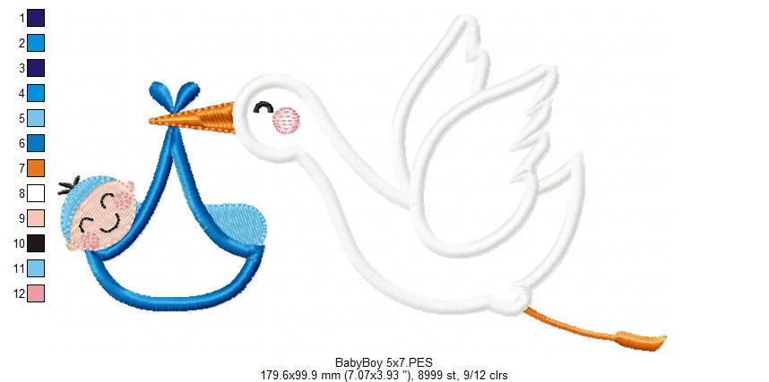 Matriz de Bordado Cegonha Carregando Pacotinho de Amor – Aplique