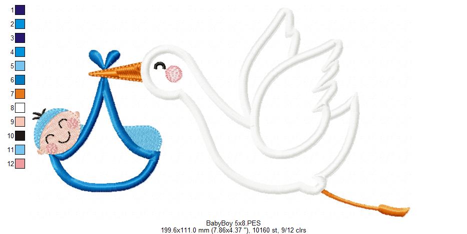 Matriz de Bordado Cegonha Carregando Pacotinho de Amor – Aplique