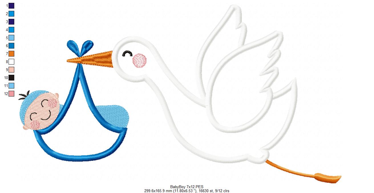 Matriz de Bordado Cegonha Carregando Pacotinho de Amor – Aplique