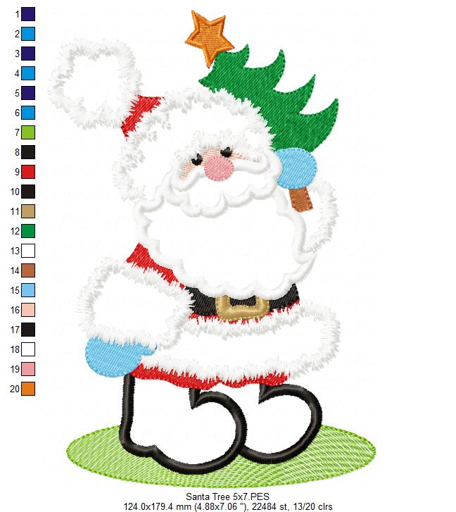 Matriz de Bordado Papai Noel Fofo Segurando Árvore – Aplique