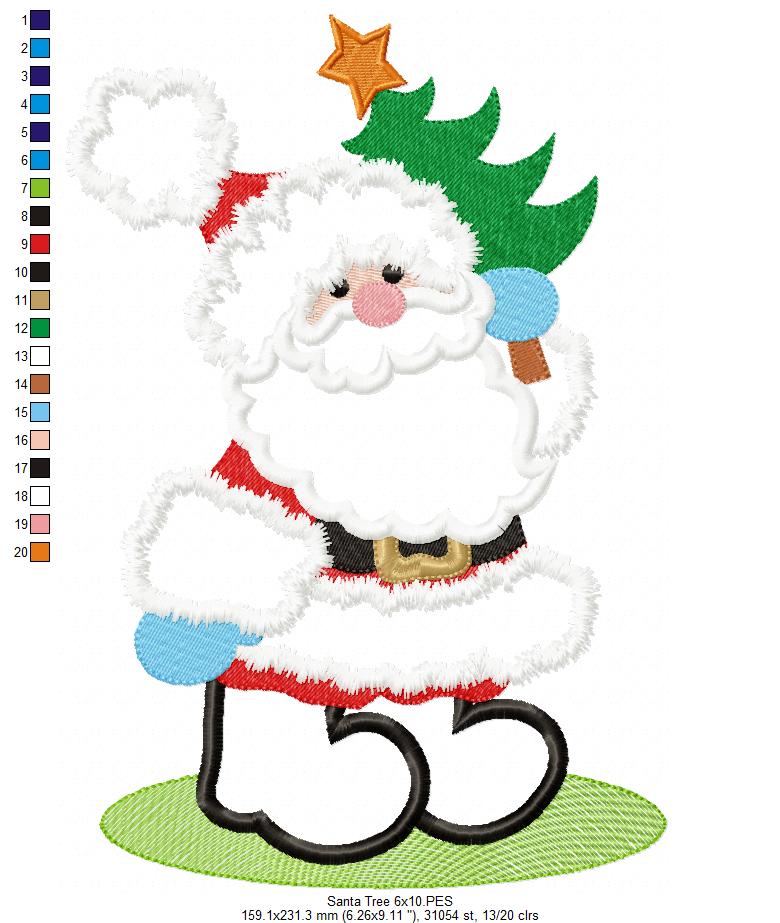 Matriz de Bordado Papai Noel Fofo Segurando Árvore – Aplique