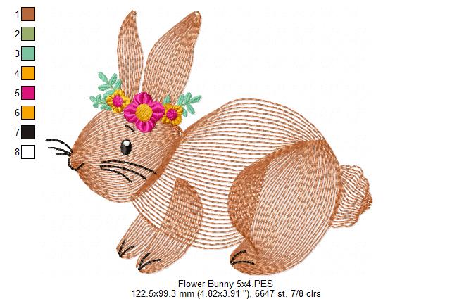 Matriz de Bordado Coelho Fofo com Tiara de Flores – Ponto Rippled