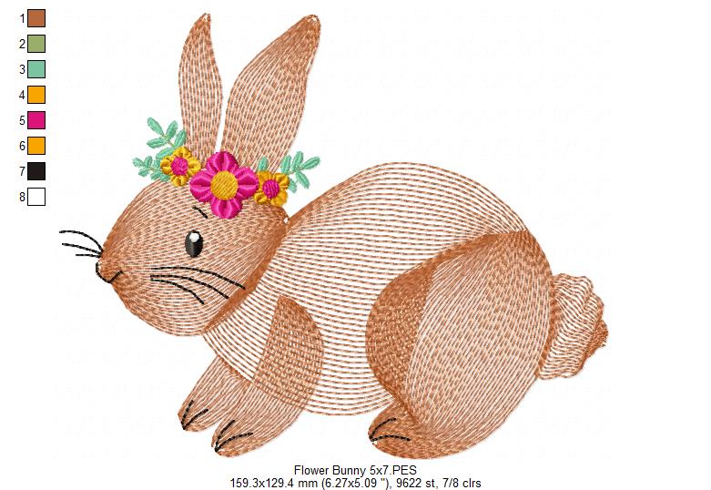 Matriz de Bordado Coelho Fofo com Tiara de Flores – Ponto Rippled