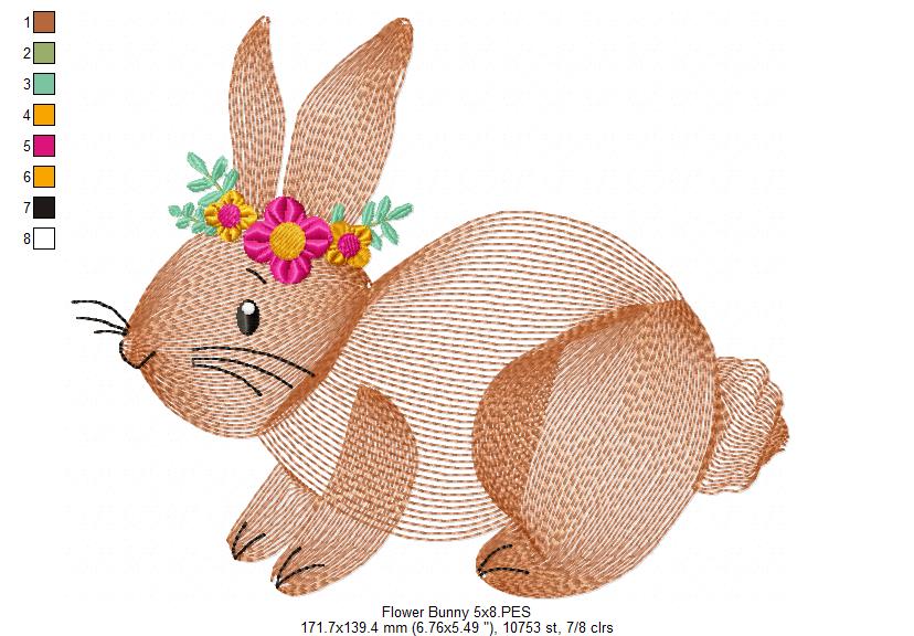 Matriz de Bordado Coelho Fofo com Tiara de Flores – Ponto Rippled