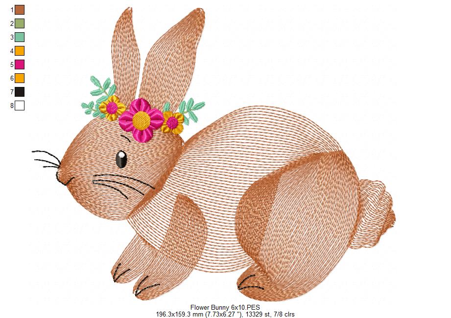 Matriz de Bordado Coelho Fofo com Tiara de Flores – Ponto Rippled