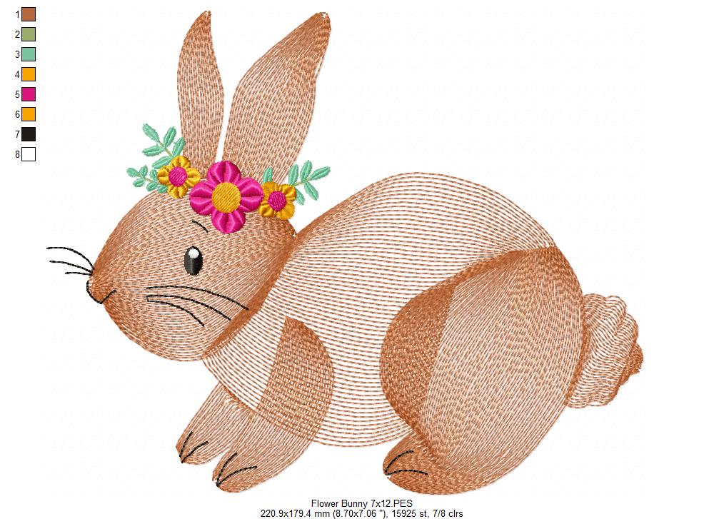 Matriz de Bordado Coelho Fofo com Tiara de Flores – Ponto Rippled