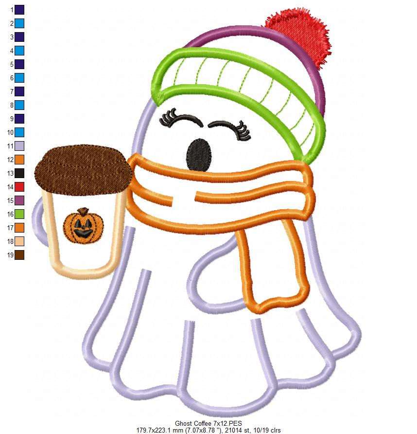 Matriz de Bordado Fantasma Fofo com Cachecol e Café – Aplique