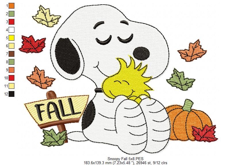 Matriz de Bordado Snoopy com Woodstock no Outono – Ponto Cheio
