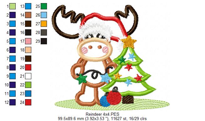 Matriz de Bordado Rena Natalina com Árvore – Aplique