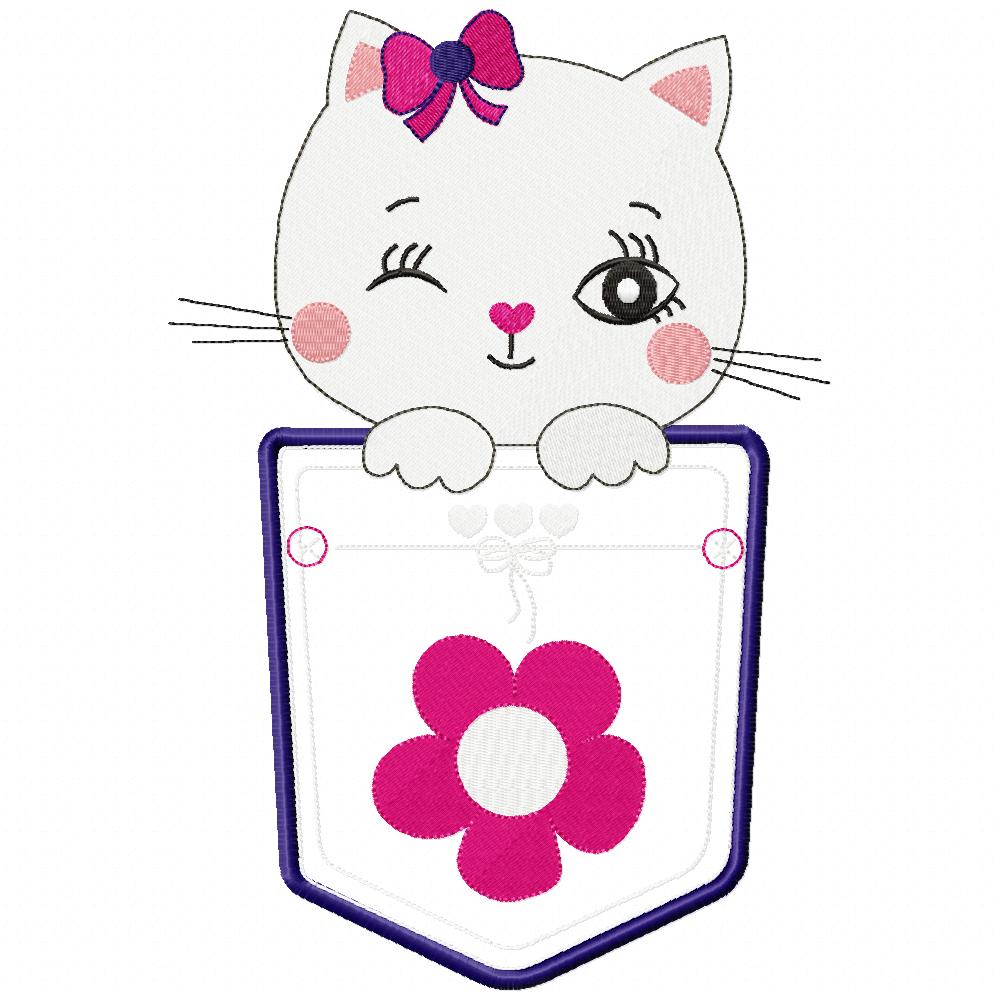 Matriz de Bordado Gatinha Charmosa com Laço e Bolso Floral – Aplique