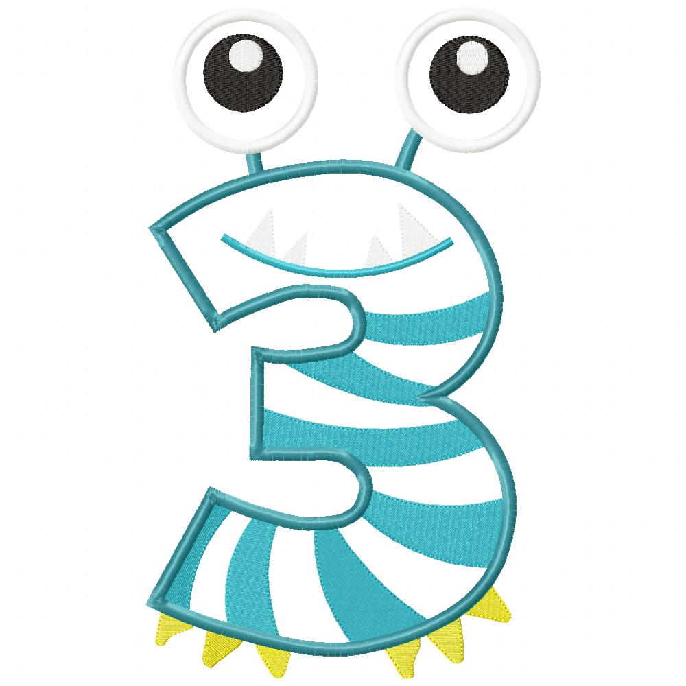 Matriz de Bordado Número 3 Divertido Monstrinho – Aplique