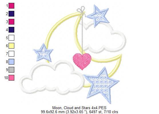 Matriz de Bordado Lua Fofinha com Coração e Estrelas – Aplique