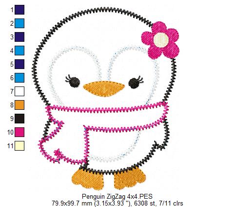 Matriz de Bordado Pinguim Menina com Cachecol – Aplique Zig Zag
