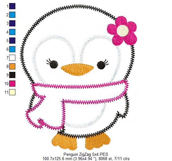 Matriz de Bordado Pinguim Menina com Cachecol – Aplique Zig Zag