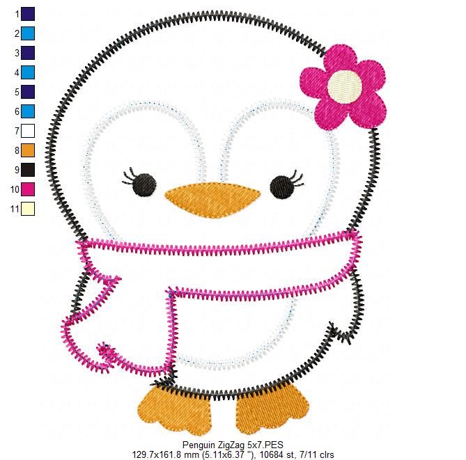 Matriz de Bordado Pinguim Menina com Cachecol – Aplique Zig Zag