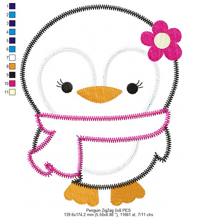 Matriz de Bordado Pinguim Menina com Cachecol – Aplique Zig Zag