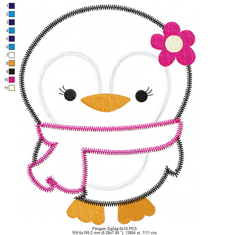 Matriz de Bordado Pinguim Menina com Cachecol – Aplique Zig Zag