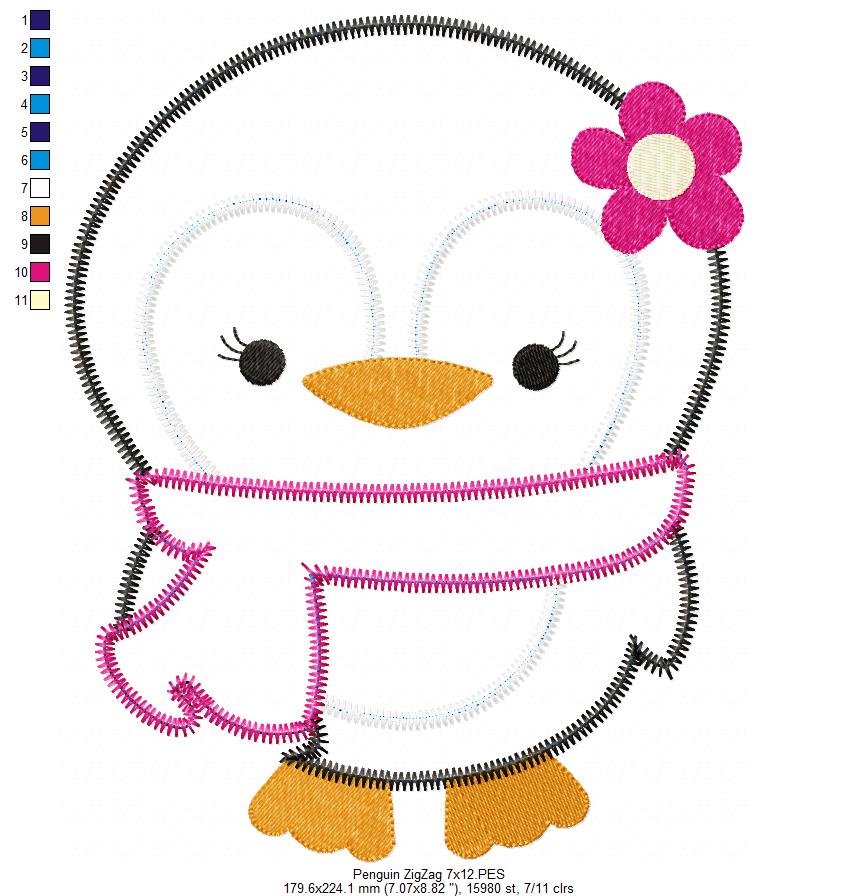 Matriz de Bordado Pinguim Menina com Cachecol – Aplique Zig Zag
