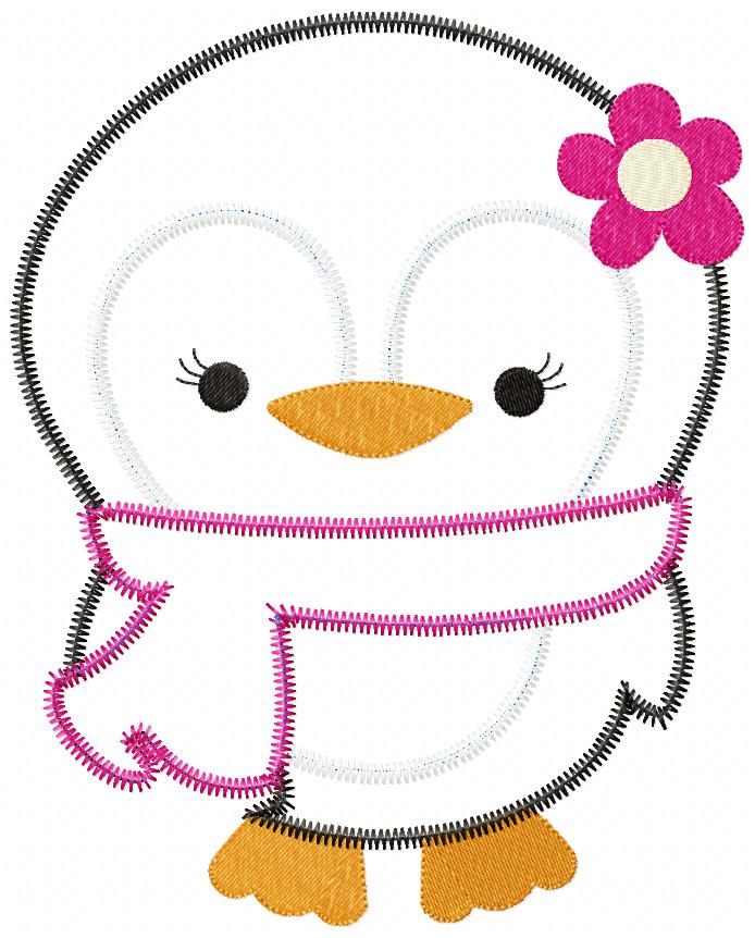 Matriz de Bordado Pinguim Menina com Cachecol – Aplique Zig Zag