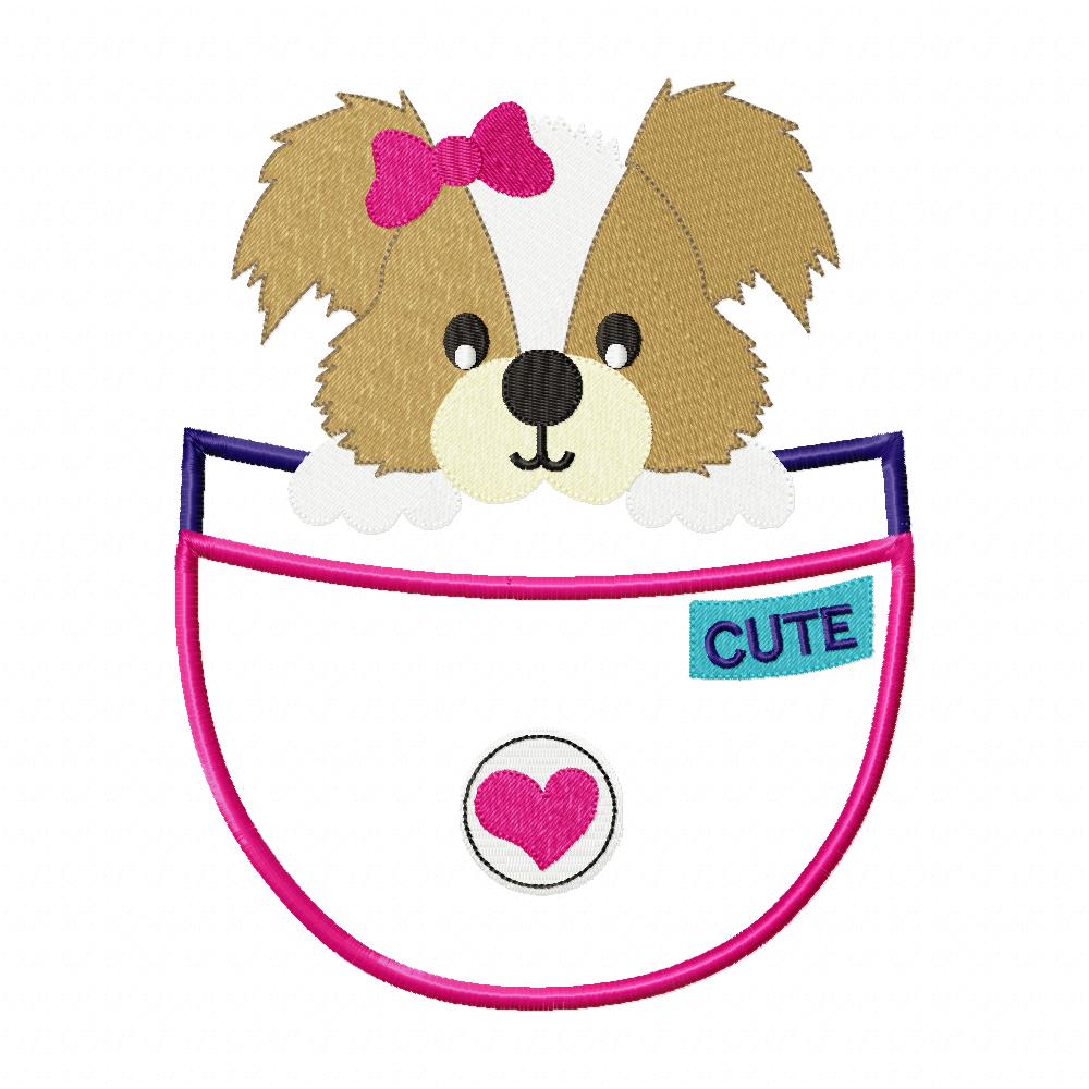 Matriz de Bordado Cachorrinha Fofa no Bolso – Ponto Aplique