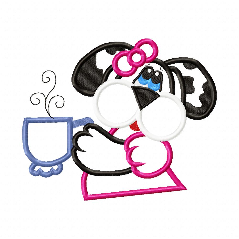 Matriz de Bordado Cachorrinha Estilosa com Xícara – Aplique