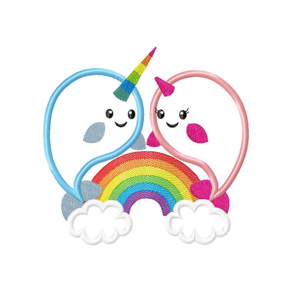 Matriz de Bordado Baleias Unicórnio com Nuvens e Arco-Íris – Aplique