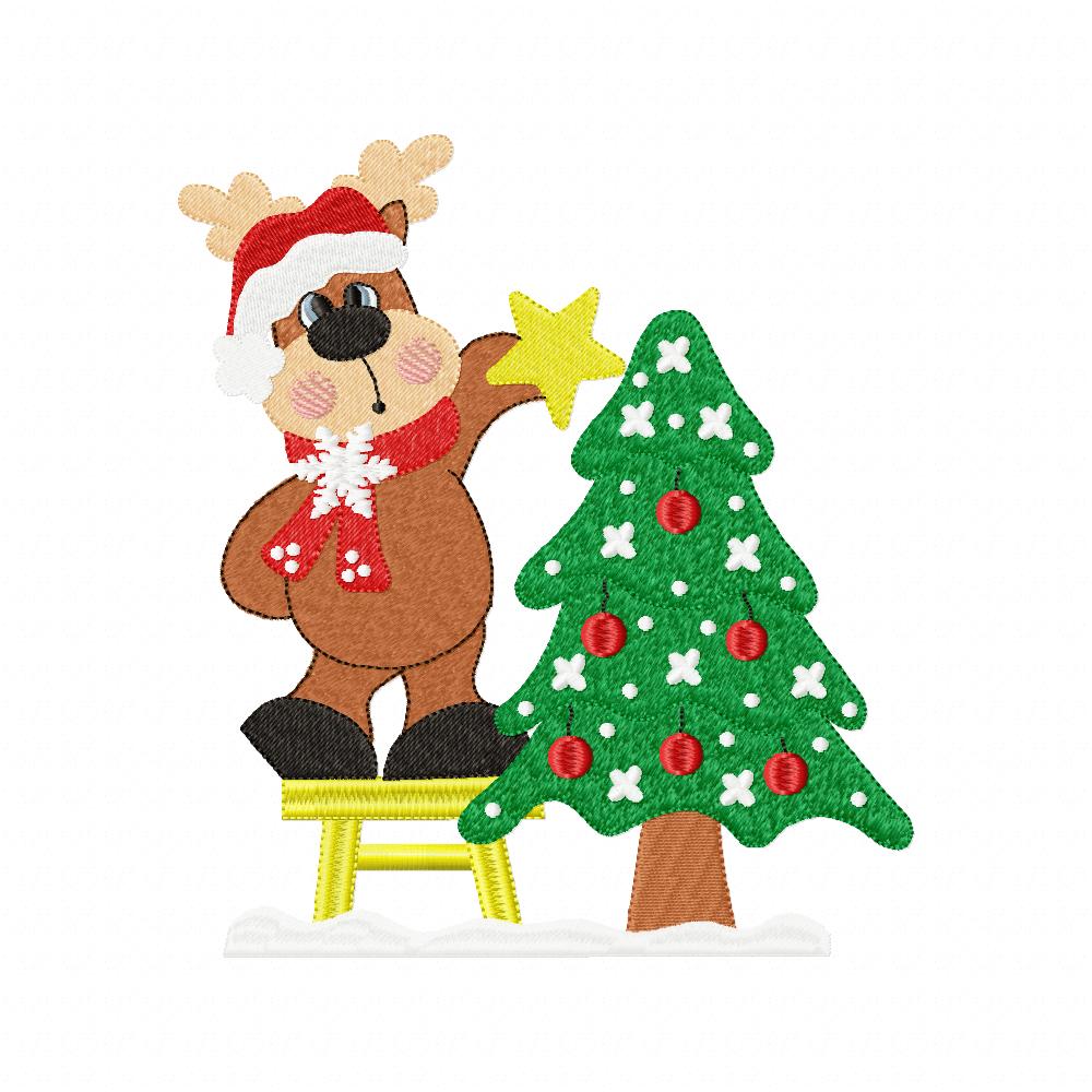 Matriz de Bordado Rena de Natal com Árvore – Ponto Cheio