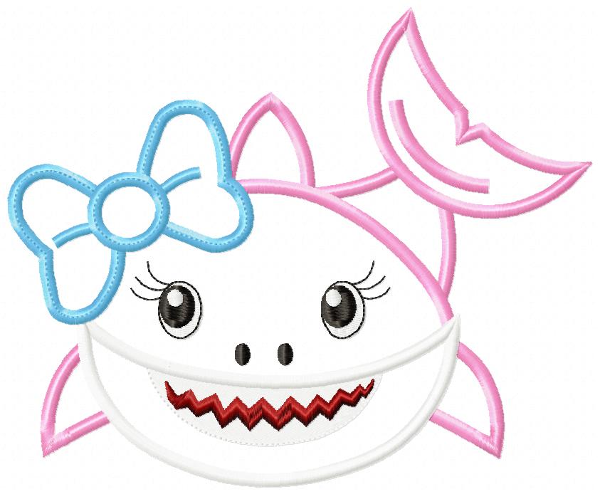 Matriz de Bordado Tubarão Fofinha com Laço – Aplique