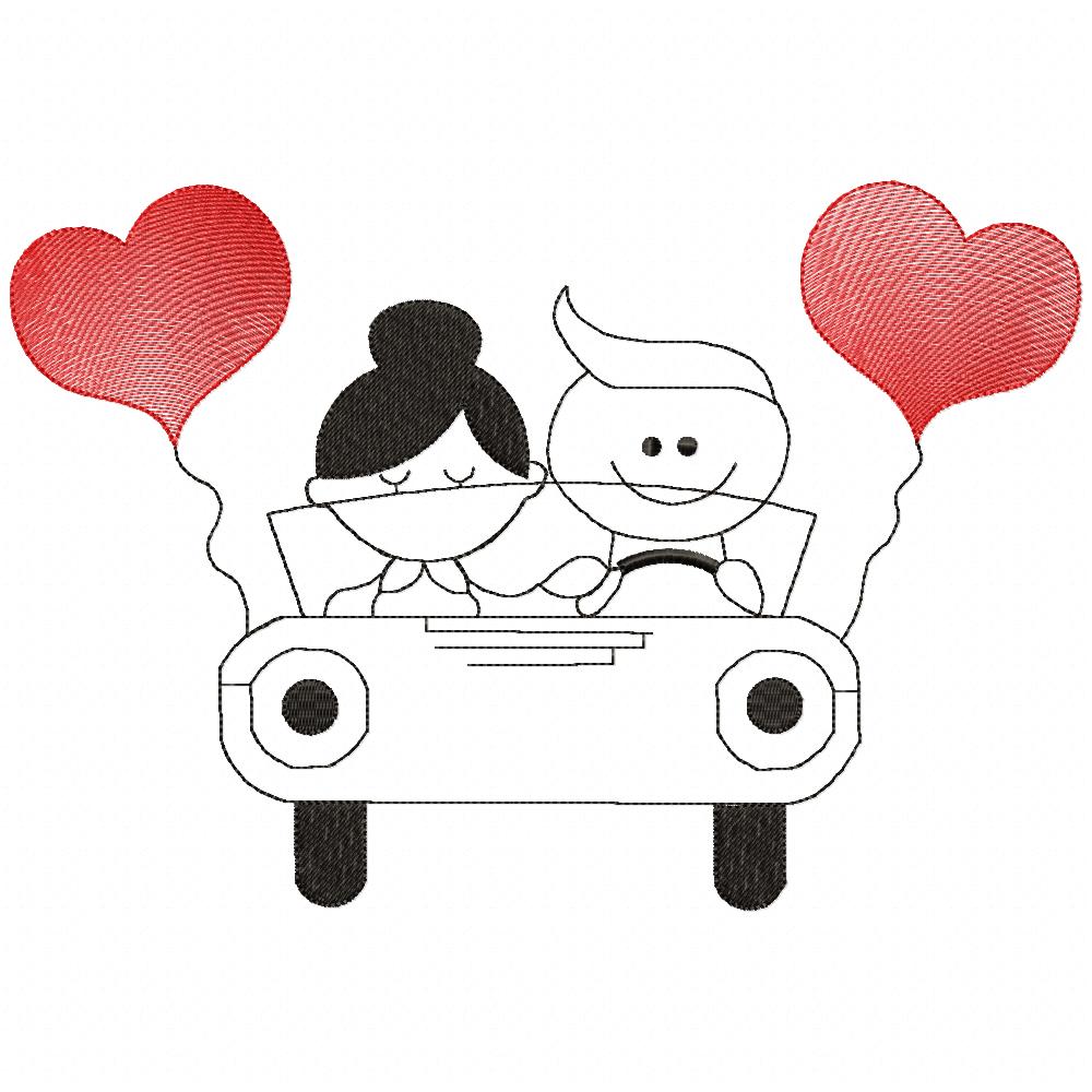 Matriz de Bordado Casal no Carro com Balões Coração – Ponto Sketch