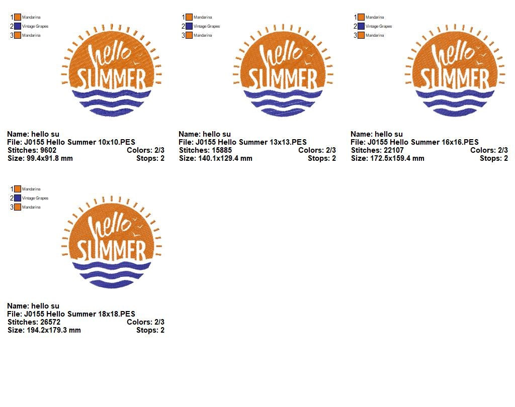 Matriz de Bordado Verão Hello Summer com Sol Radiante – Ponto Cheio