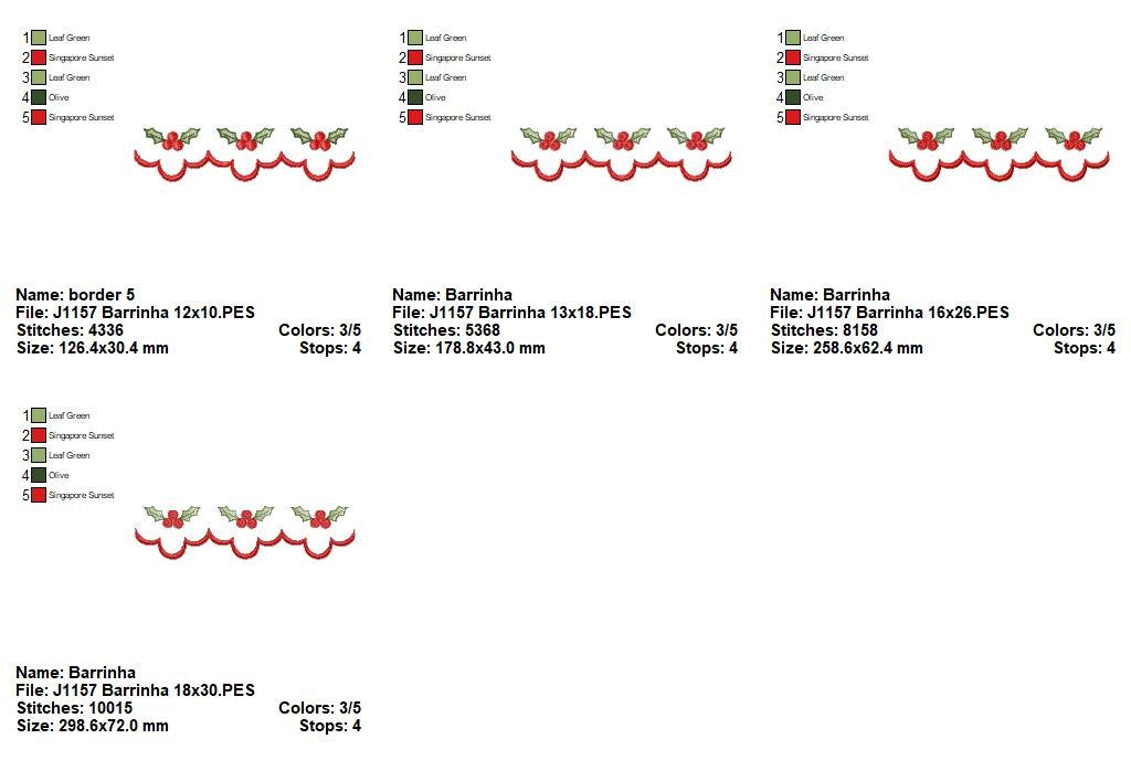 Matriz de Bordado Barra Natalina com Azevinhos Vermelhos – Ponto Satin