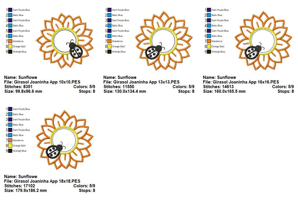Matriz de Bordado Flor de Girassol com Joaninha – Aplique Delicado