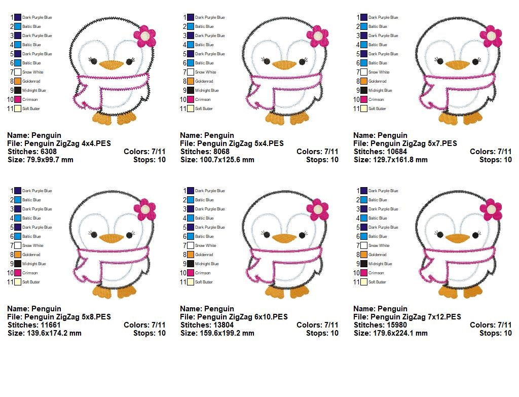 Matriz de Bordado Pinguim Menina com Cachecol – Aplique Zig Zag