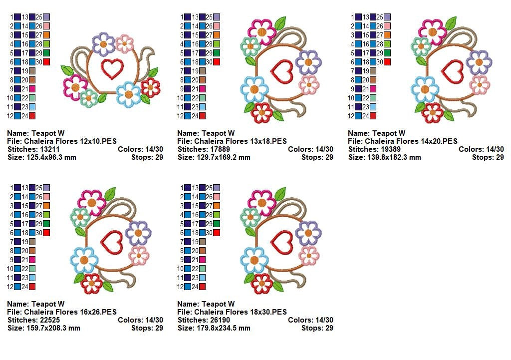 Matriz de Bordado Chaleira Decorada com Flores – Aplique