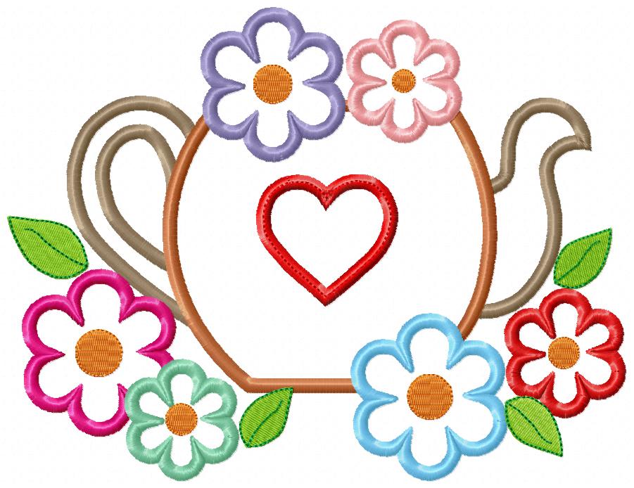 Matriz de Bordado Chaleira Decorada com Flores – Aplique