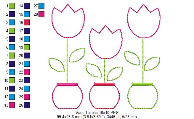 Matriz de Bordado 3 Tulipas no Vaso – Aplique Raggy Charmoso