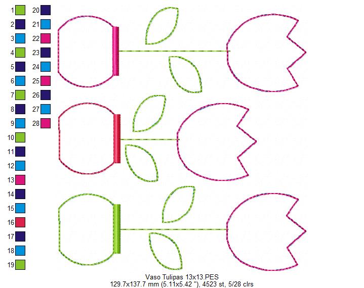 Matriz de Bordado 3 Tulipas no Vaso – Aplique Raggy Charmoso