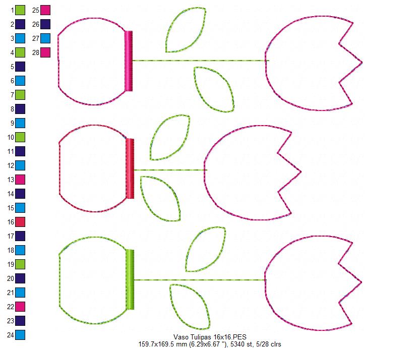 Matriz de Bordado 3 Tulipas no Vaso – Aplique Raggy Charmoso