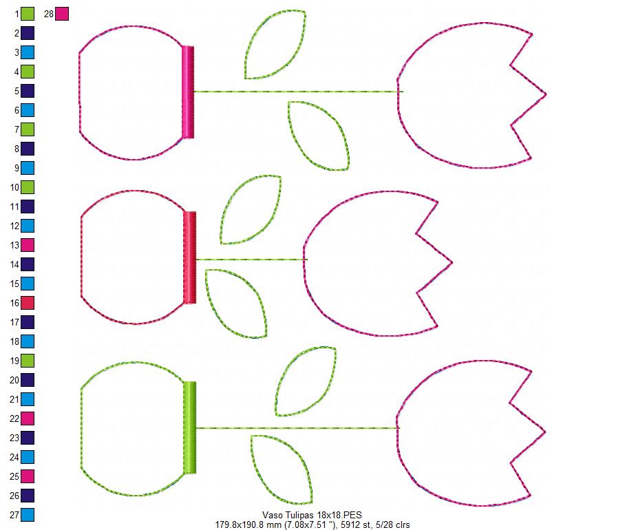 Matriz de Bordado 3 Tulipas no Vaso – Aplique Raggy Charmoso