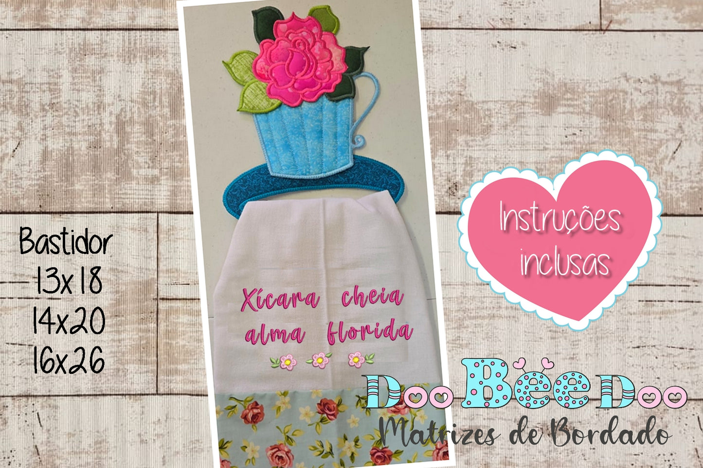 Matriz de Bordado Xícara Florida – Suporte de Pano de Prato – Projeto ITH