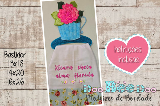 Matriz de Bordado Xícara Florida – Suporte de Pano de Prato – Projeto ITH