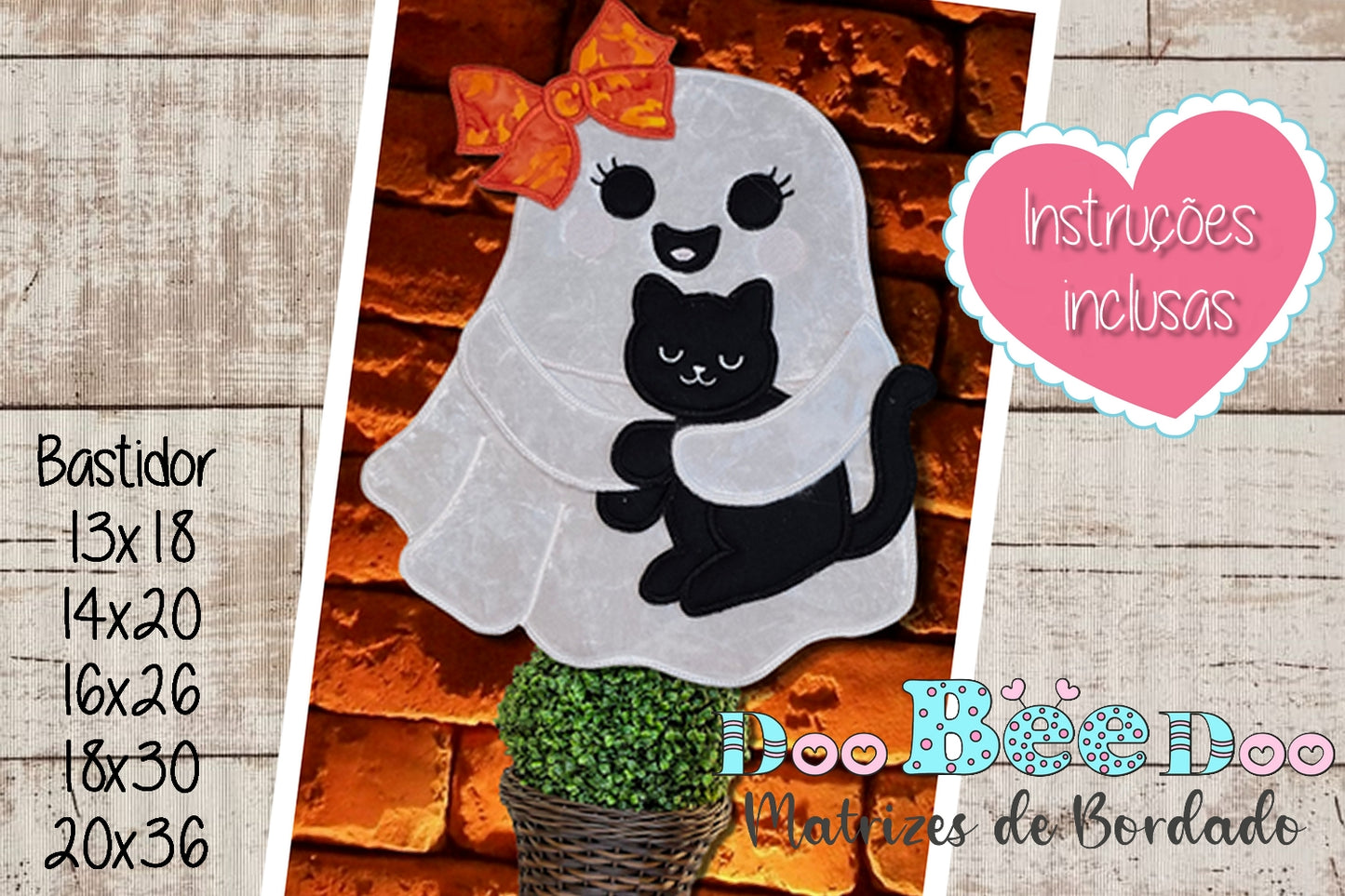 Matriz de Bordado Fantasminha com Gatinho Preto – Projeto ITH