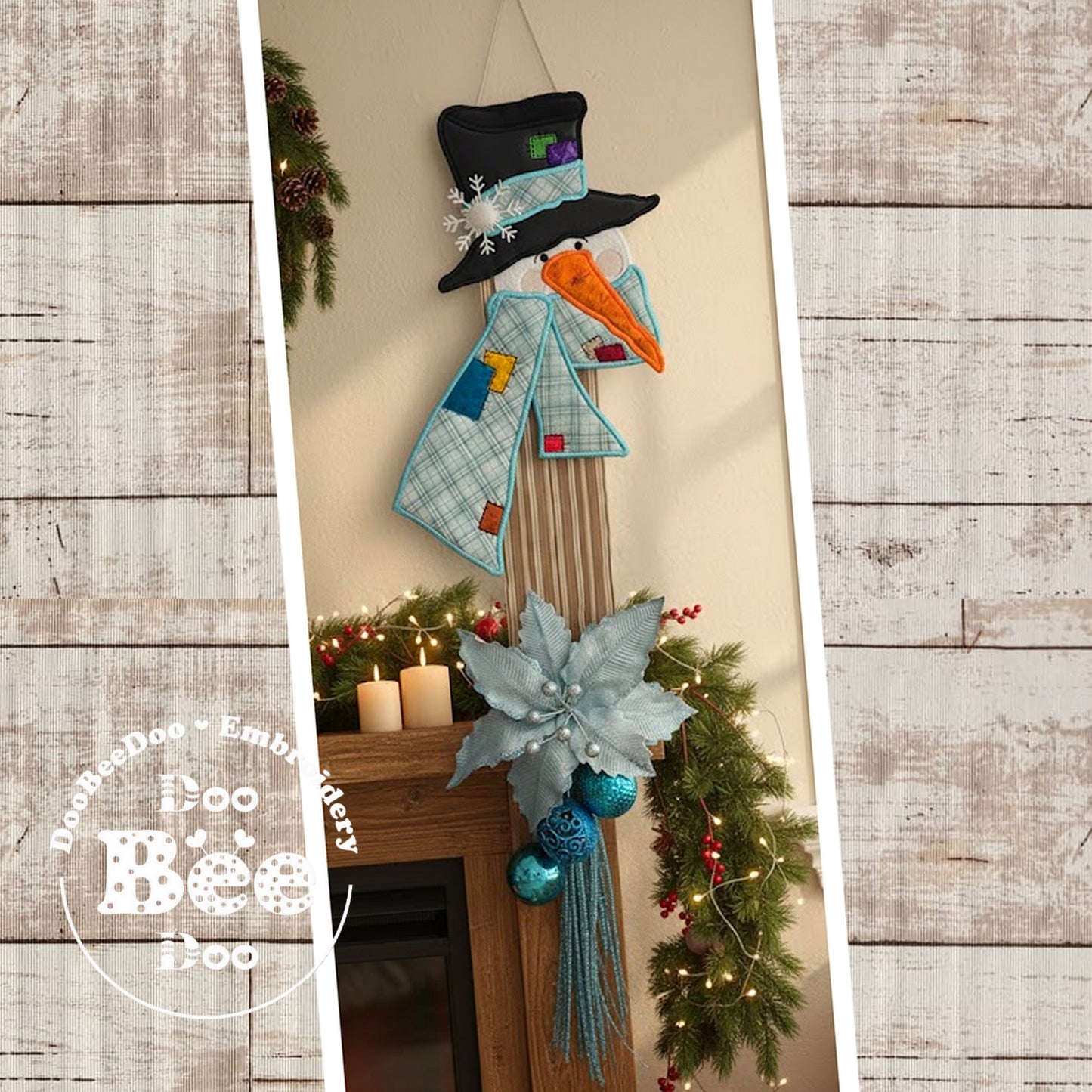 Matriz de Bordado Boneco de Neve com Xale Azul Enfeite de Porta – Projeto ITH