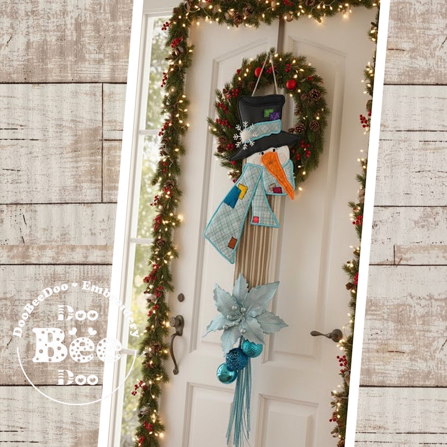 Matriz de Bordado Boneco de Neve com Xale Azul Enfeite de Porta – Projeto ITH