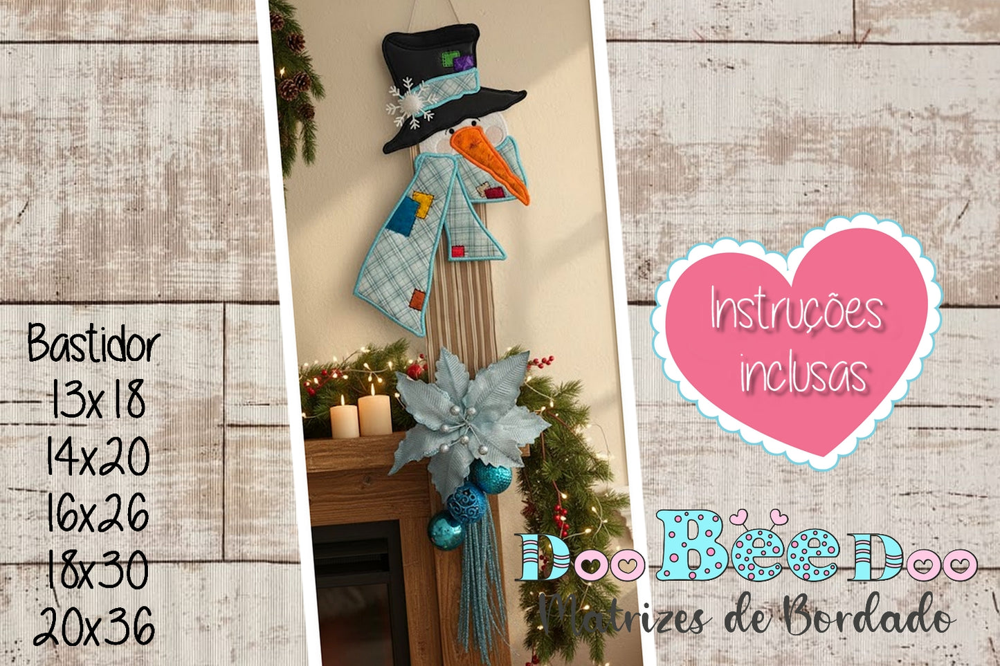 Matriz de Bordado Boneco de Neve com Xale Azul Enfeite de Porta – Projeto ITH