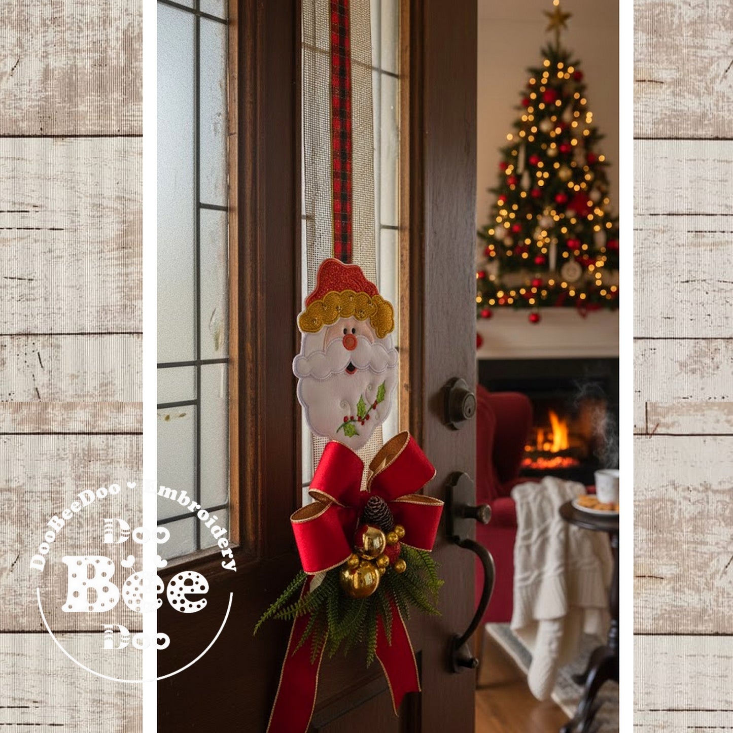 Matriz de Bordado Papai Noel com Azevinho na Barba Enfeite de Porta – Projeto ITH