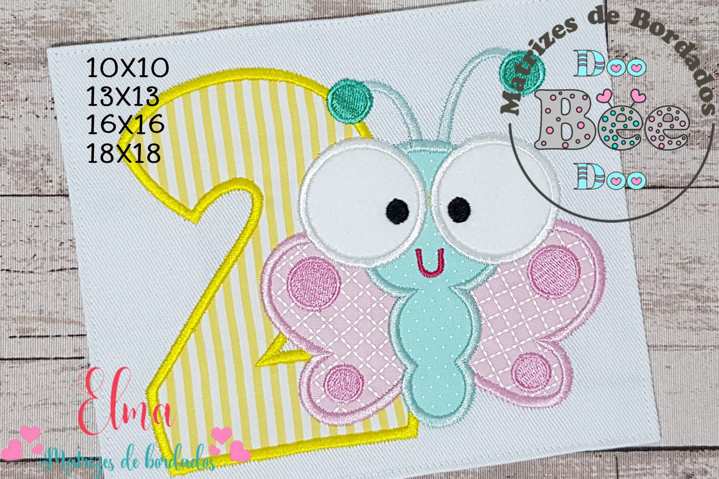 Matriz de Bordado Borboleta Baby com Número 2 – Aplique