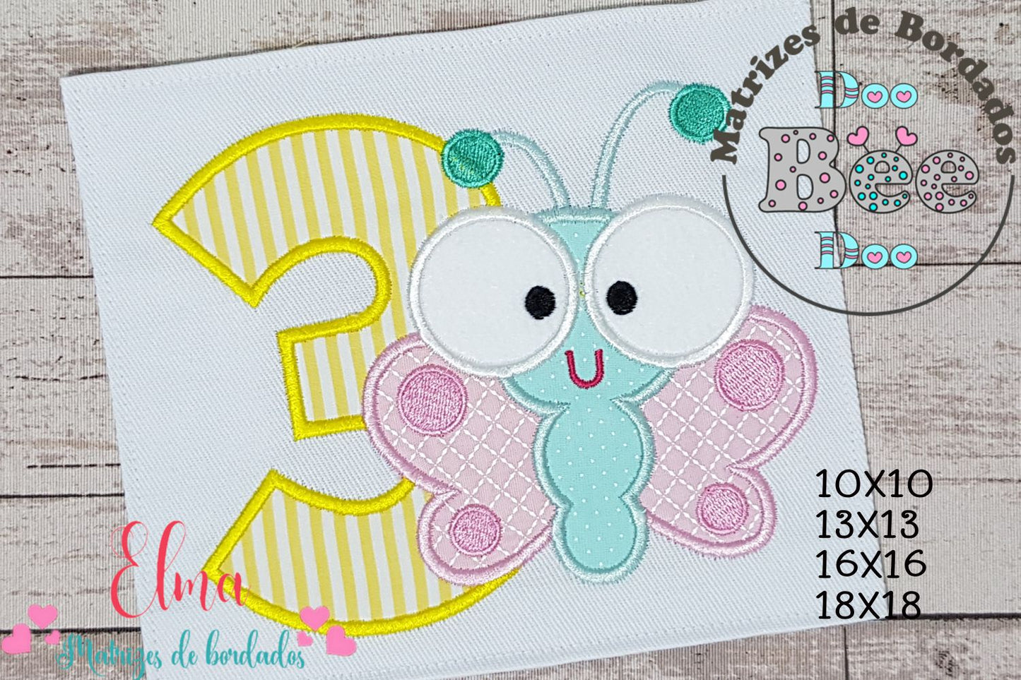 Matriz de Bordado Borboleta Baby com Número 3 – Aplique